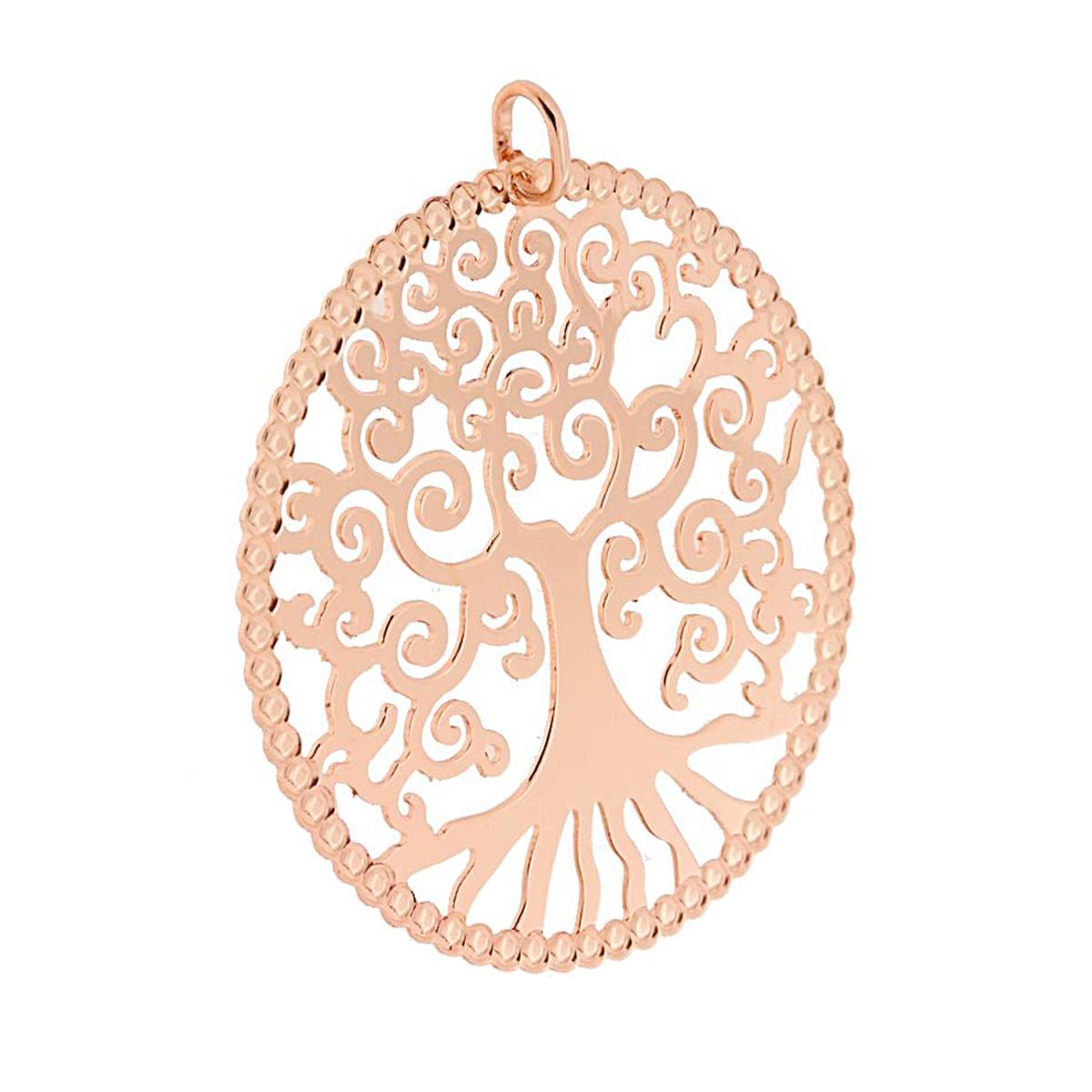 Ciondolo a forma tonda, con lavorazione bombata a giro. Intaglio laser a forma di Albero della Vita.<BR>Made in Italy