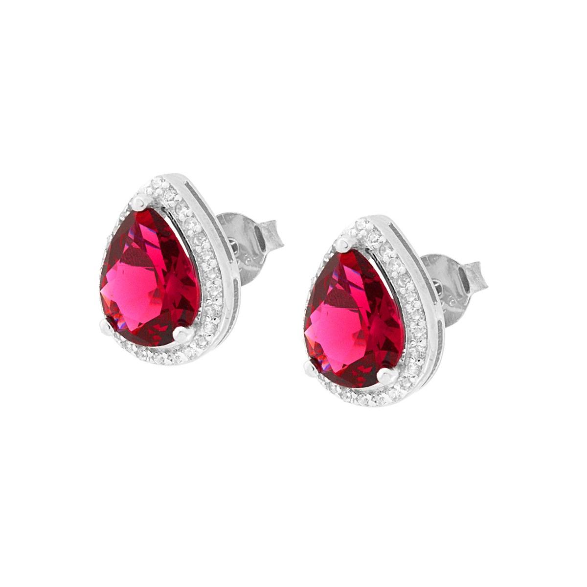 Orecchini Goccia con Zircone Rosso Rubino contornato con Zirconi Bianchi in ARGENTO 925 Galvanica Rodio