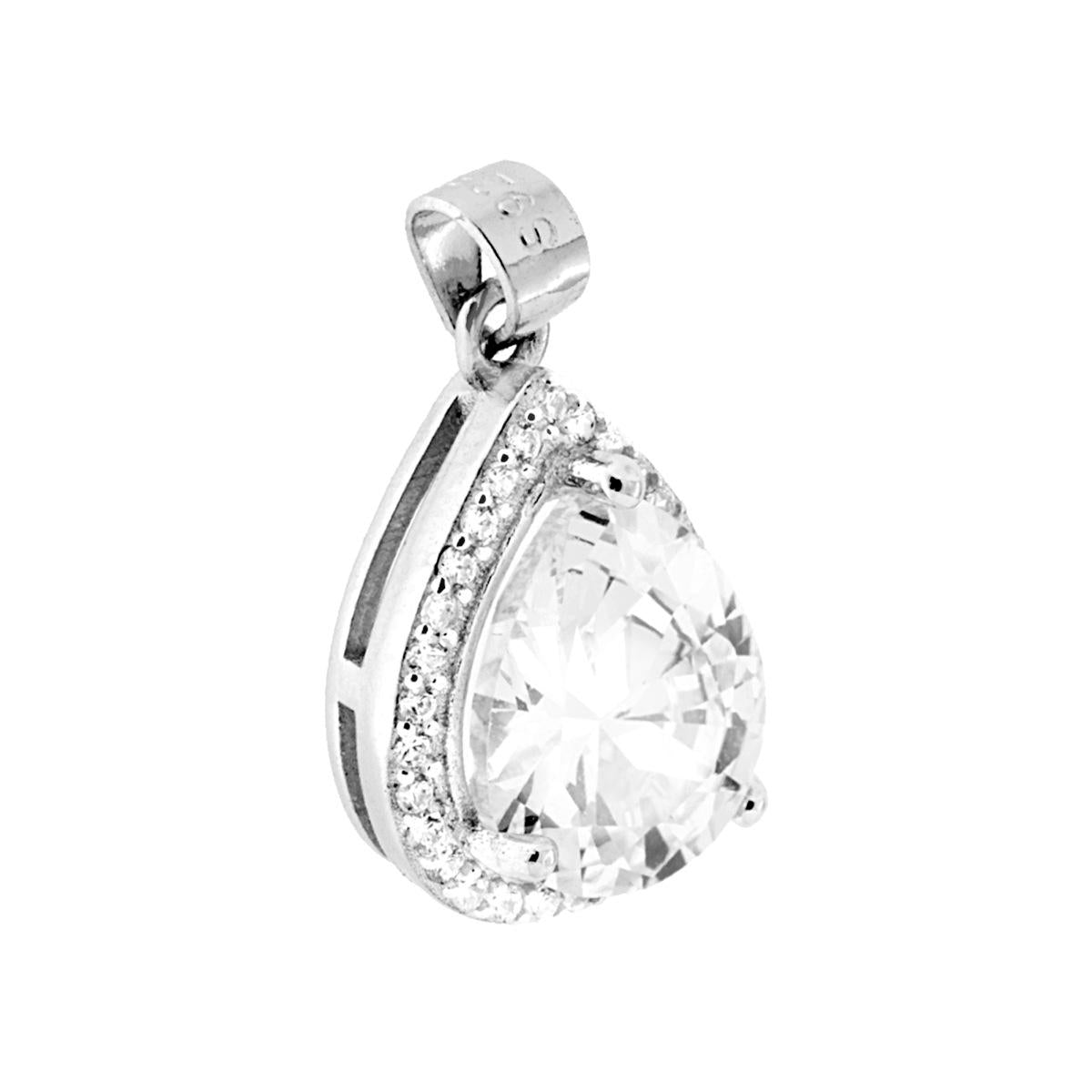 Ciondolo a forma di Goccia con Zircone Bianco contornato da Zirconi Bianchi.