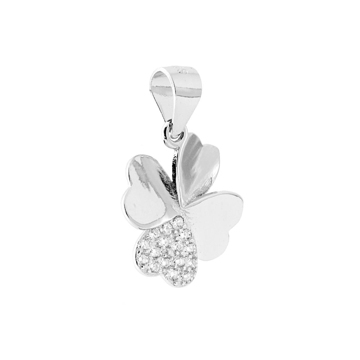 Ciondolo a forma di Quadrifoglio con Cuori e con Zirconi Bianchi incastonati.<BR>