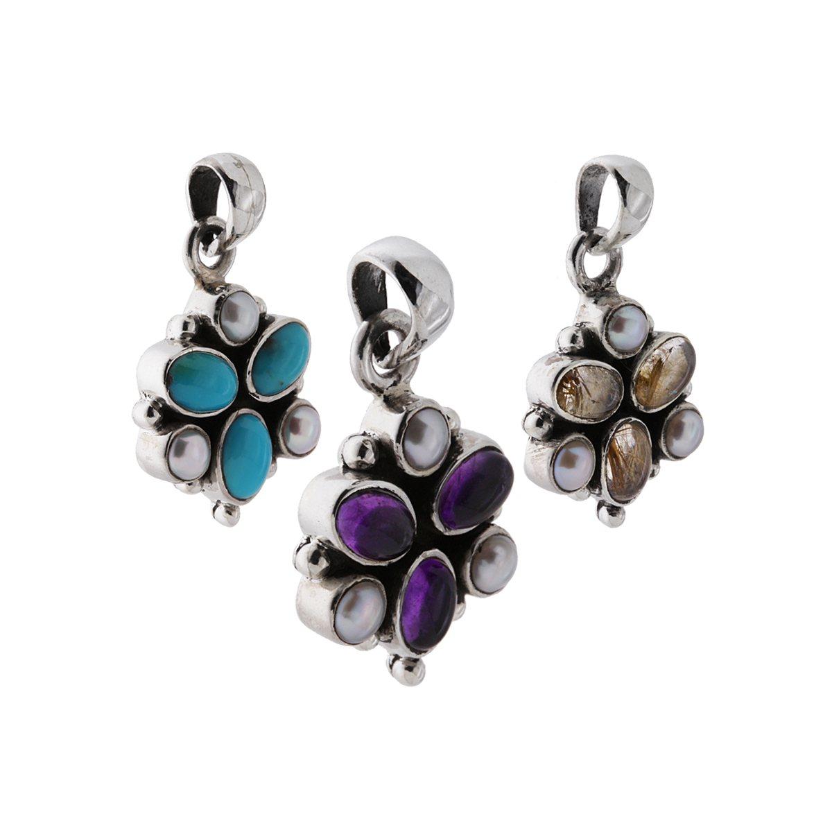 Ciondolo Etnico con Accessorio a forma di Trifoglio con Perle e Pietre Granato, Ametista, Quarzo Rutilato, Tanzanite, Turchese, Onice. <BR>Puoi scrivere sulla nota dell'ordine il tipo di pietra che preferisci, indicando il numero corrispondente.<BR>