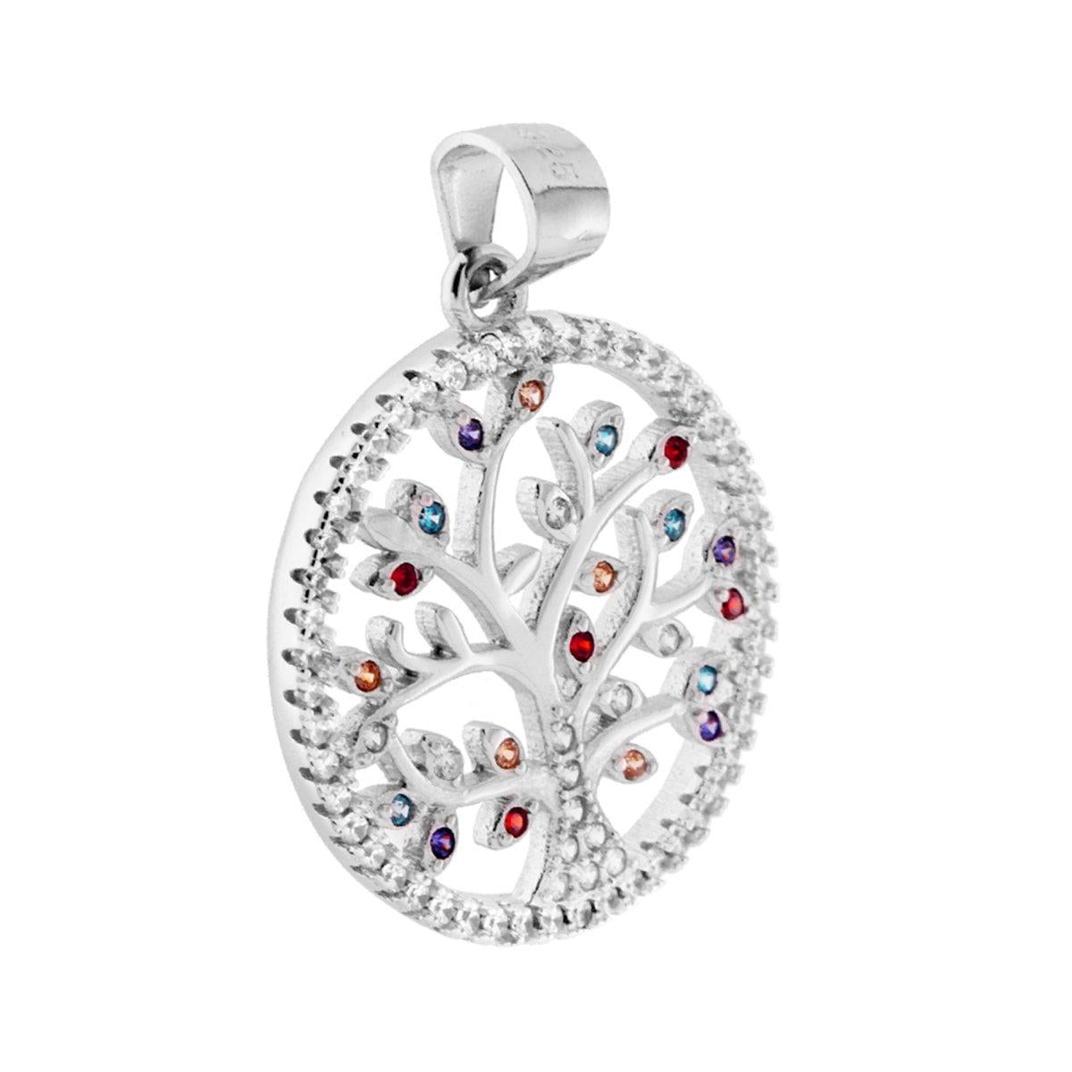 Ciondolo di forma Tonda con Albero della Vita con Zirconi Multicolor sulle foglie, e zirconi bianchi a giro.<BR>