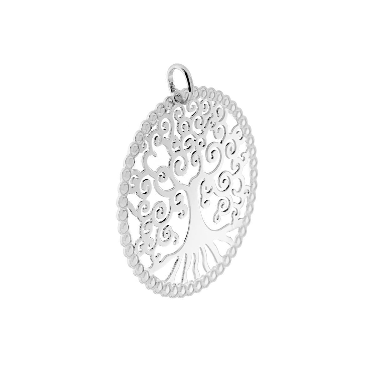 Ciondolo di forma tonda con Albero della Vita con lavorazione traforata e bombata.<BR>Made in Italy