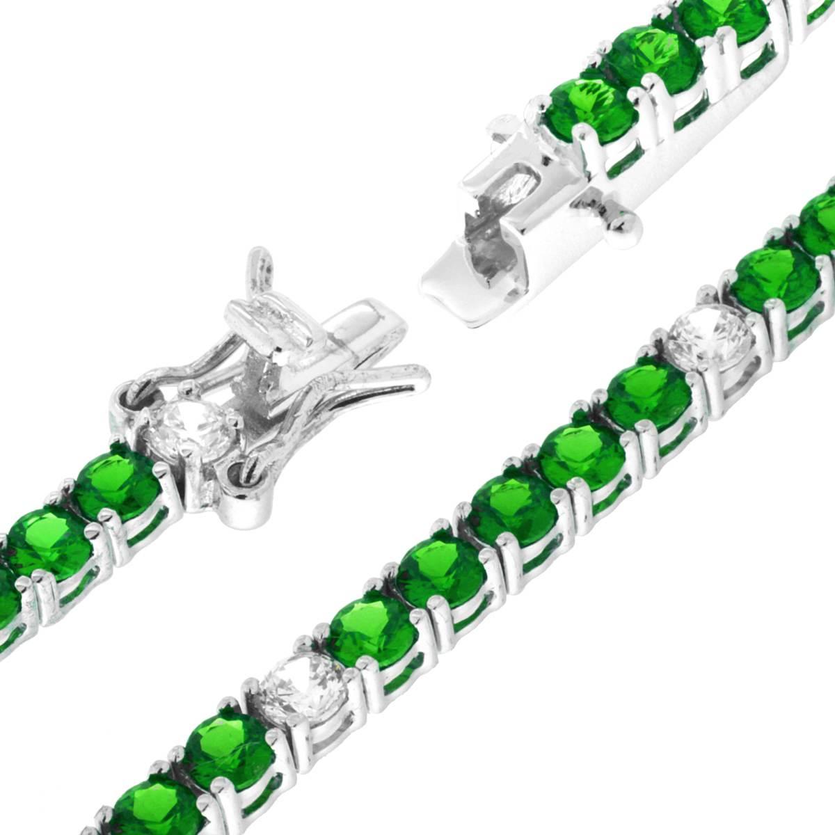 Bracciale Tennis Griffe cm 18 con Zirconi mm 3 Verde Smeraldo e Bianco alternati in ARGENTO 925 Galvanica Rodio