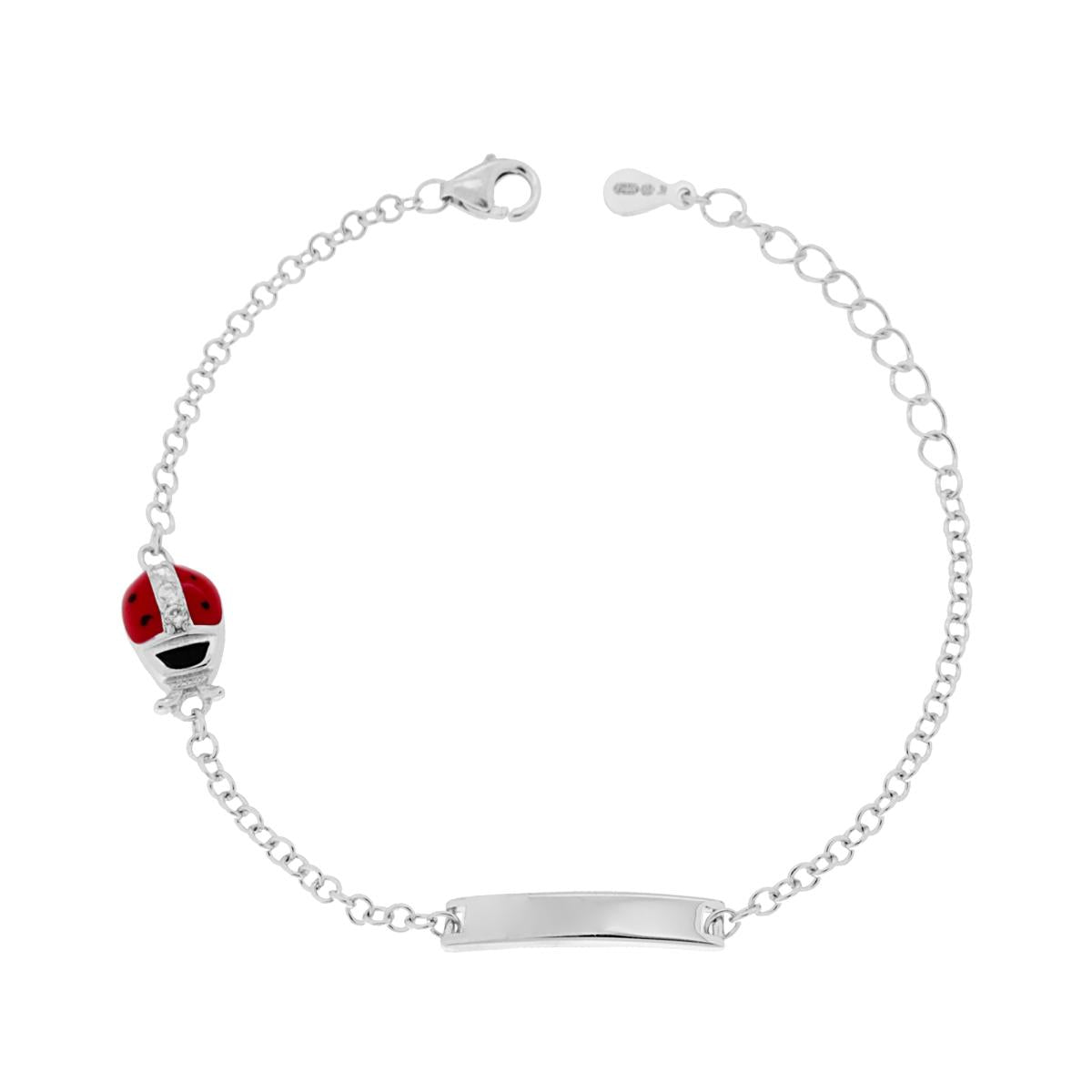 Bracciale Bimbo Bimba Catena Rolo con Targa plain e Coccinella Smalto Rosso con Zirconi Bianchi in ARGENTO 925 Galvanica Rodio