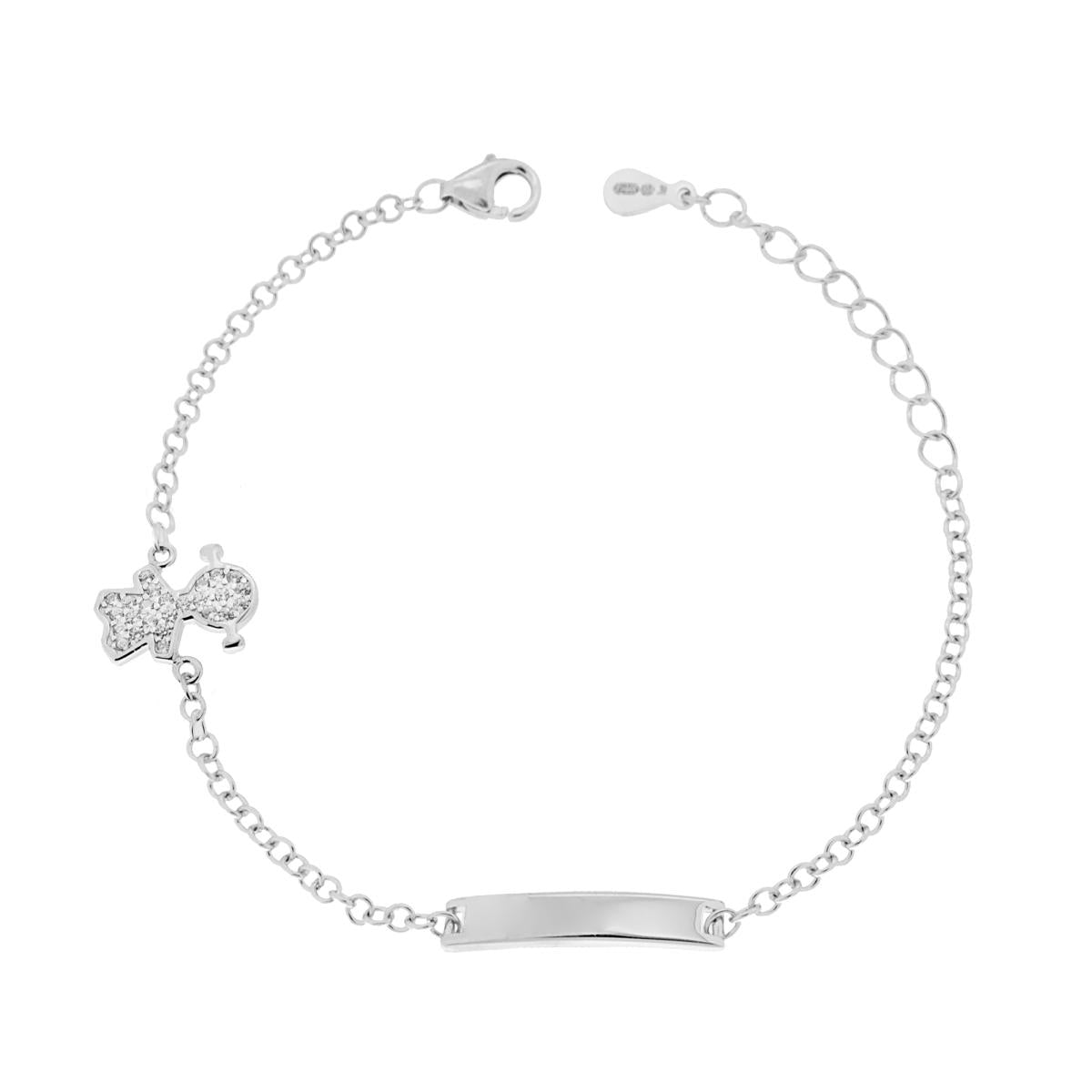 Bracciale Catena Rolo con Targa plain e Bimba con Zirconi Bianchi in ARGENTO 925 Galvanica Rodio