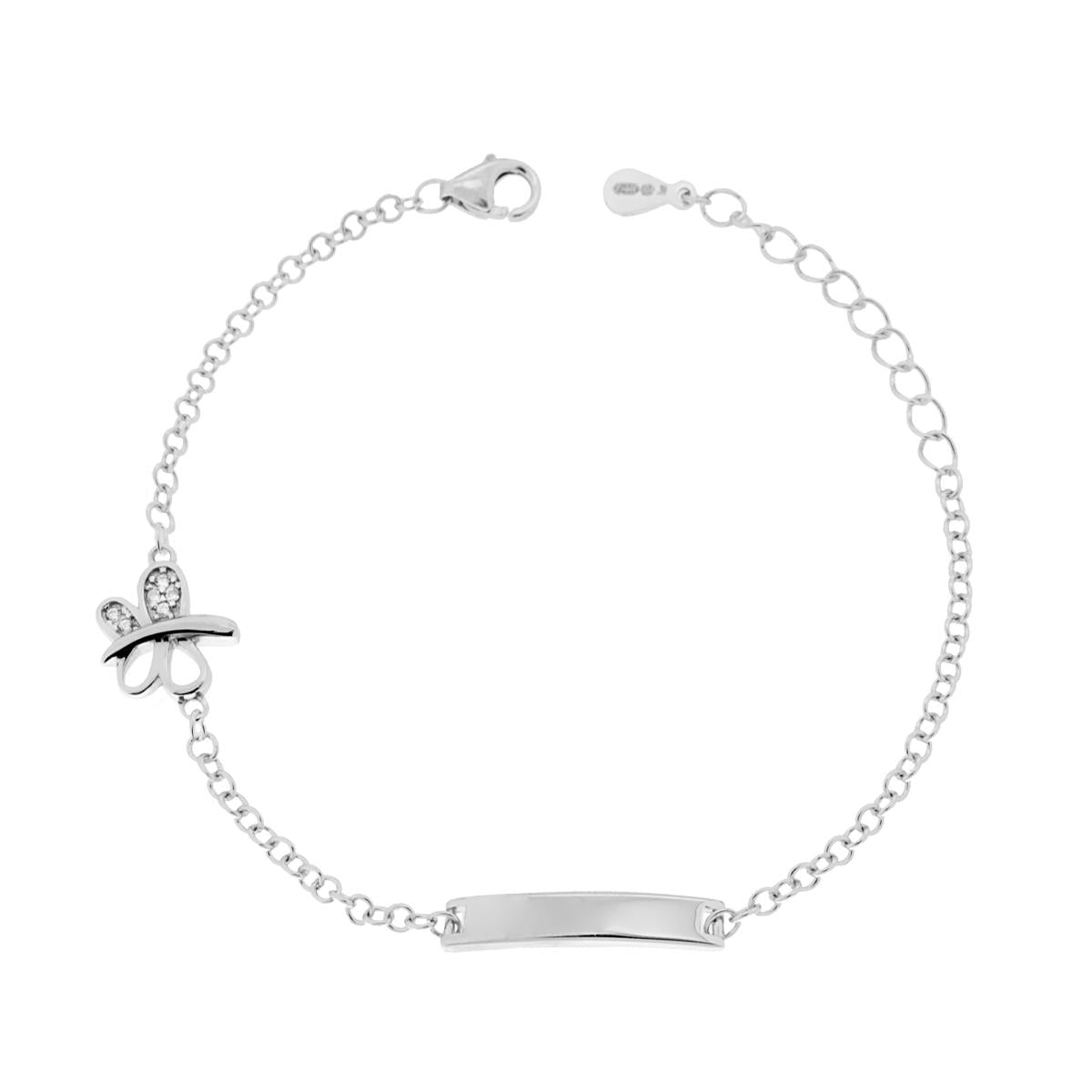 Bracciale Bimbo Bimba Catena Rolo con Targa plain e Farfalla con Zirconi Bianchi in ARGENTO 925 Galvanica Rodio