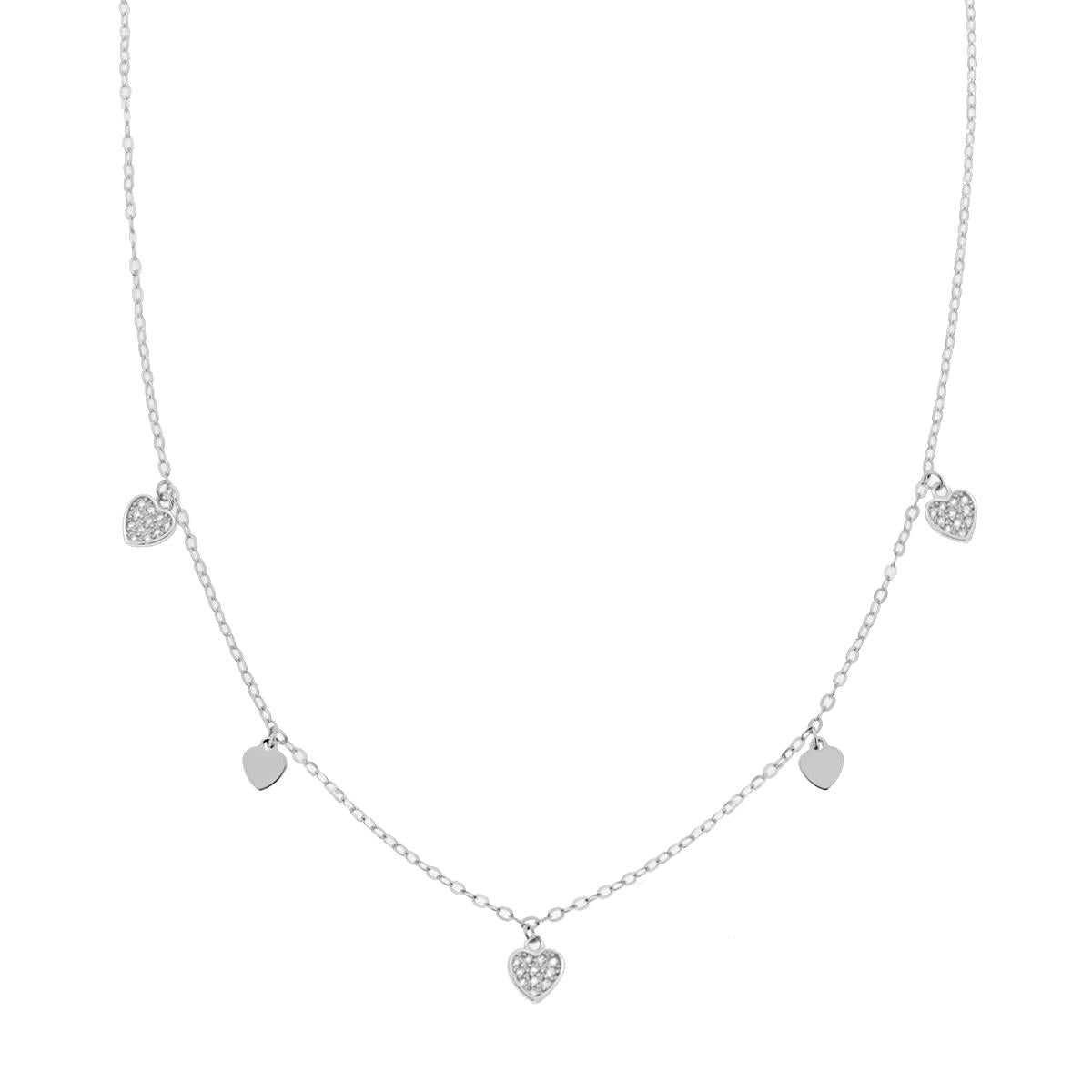 Collana Catena Forzatina Diamantata con Charms Cuori pendenti con Zirconi Bianchi in ARGENTO 925 Galvanica Rodio