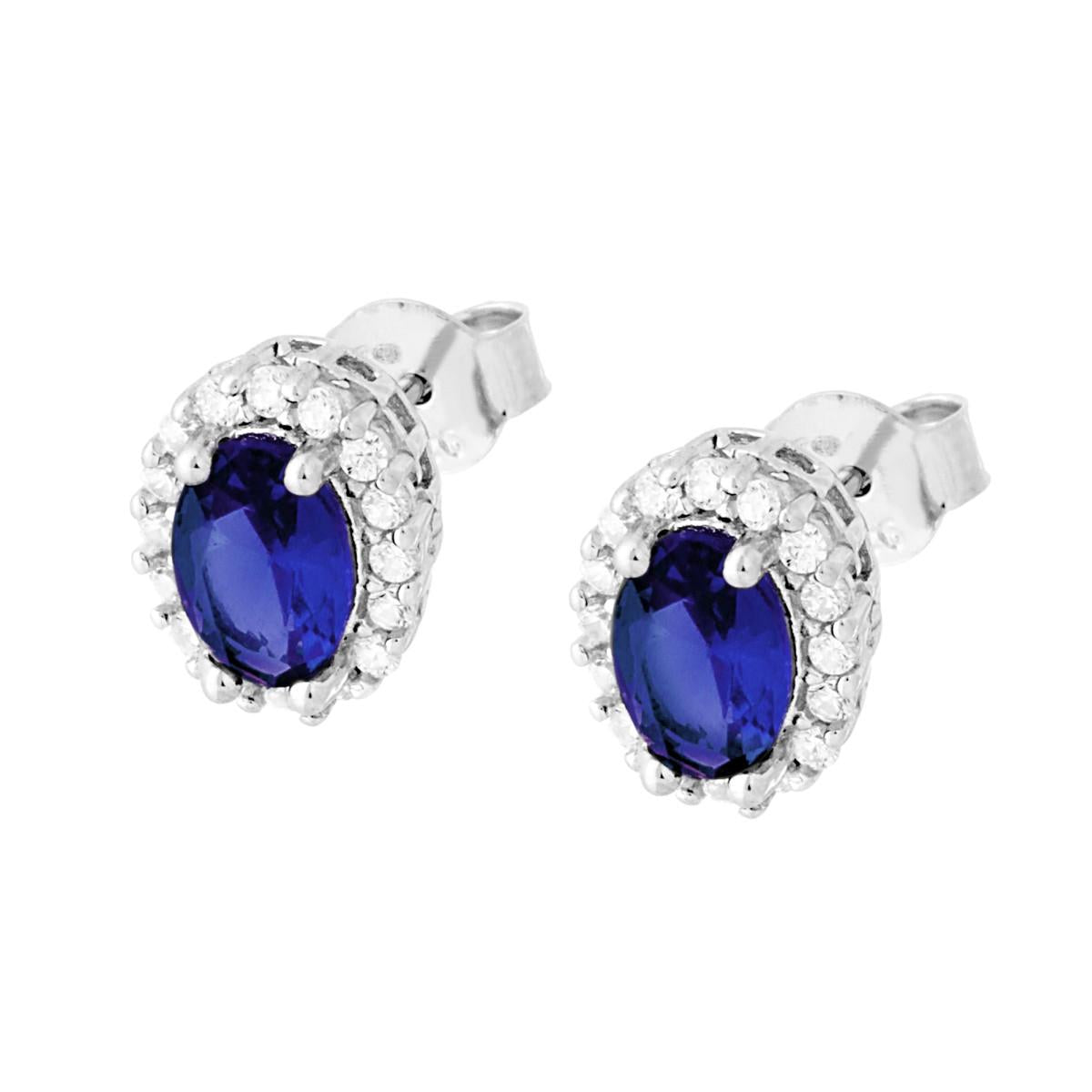 Orecchini forma Ovale con Zircone Blu Zaffiro contornato con Zirconi Bianchi in ARGENTO 925 Galvanica Rodio