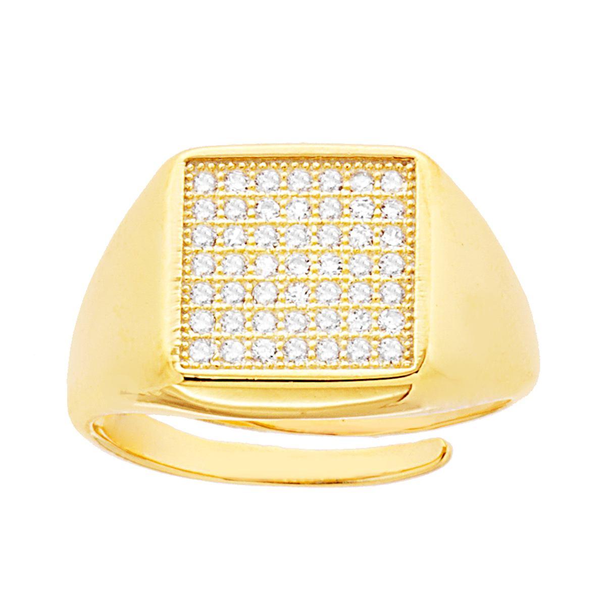 Anello Chevalier Quadrato con Cubic Zirconia Bianchi in ARGENTO 925 Galvanica Oro