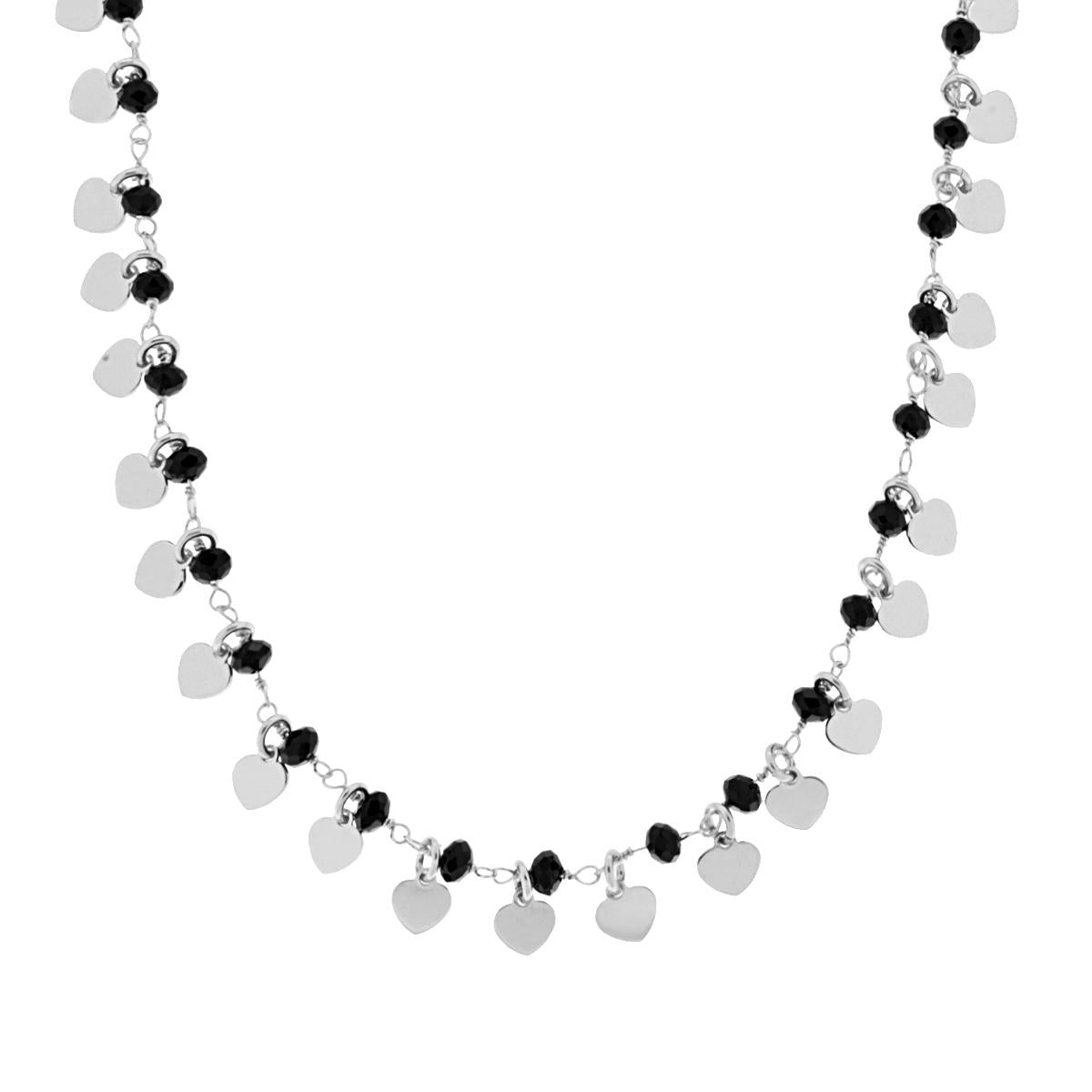 Collana con Cuori plain pendenti e Grani Crystal Neri in ARGENTO 925 Galvanica Rodio