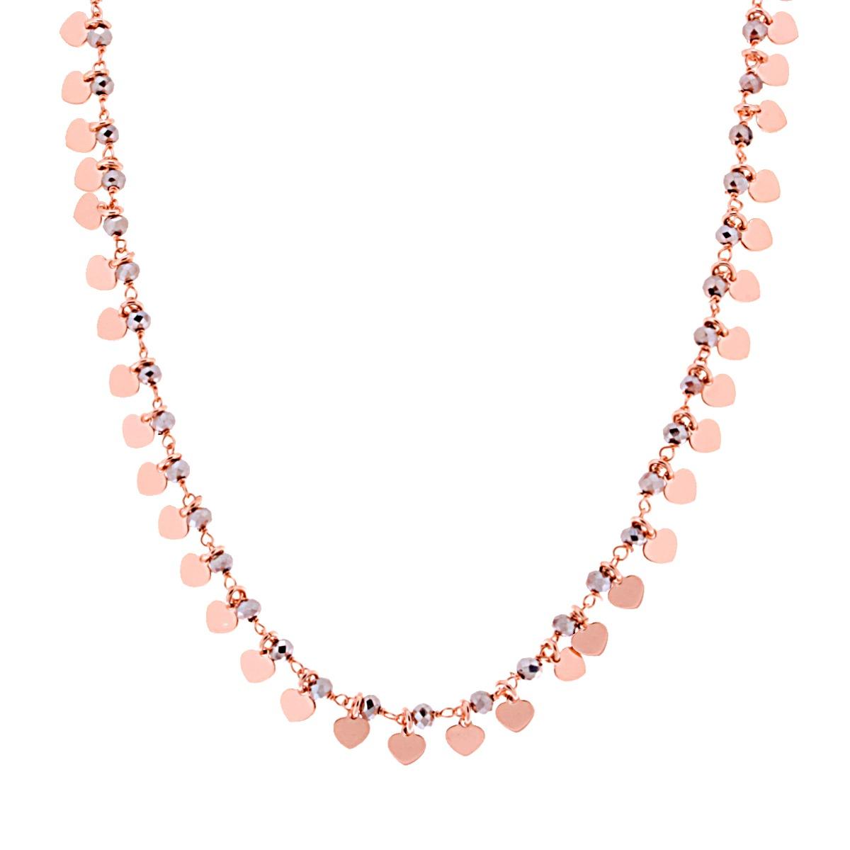 Collana con Cuori plain pendenti e Grani Crystal Grigio in ARGENTO 925 Galvanica Rosa