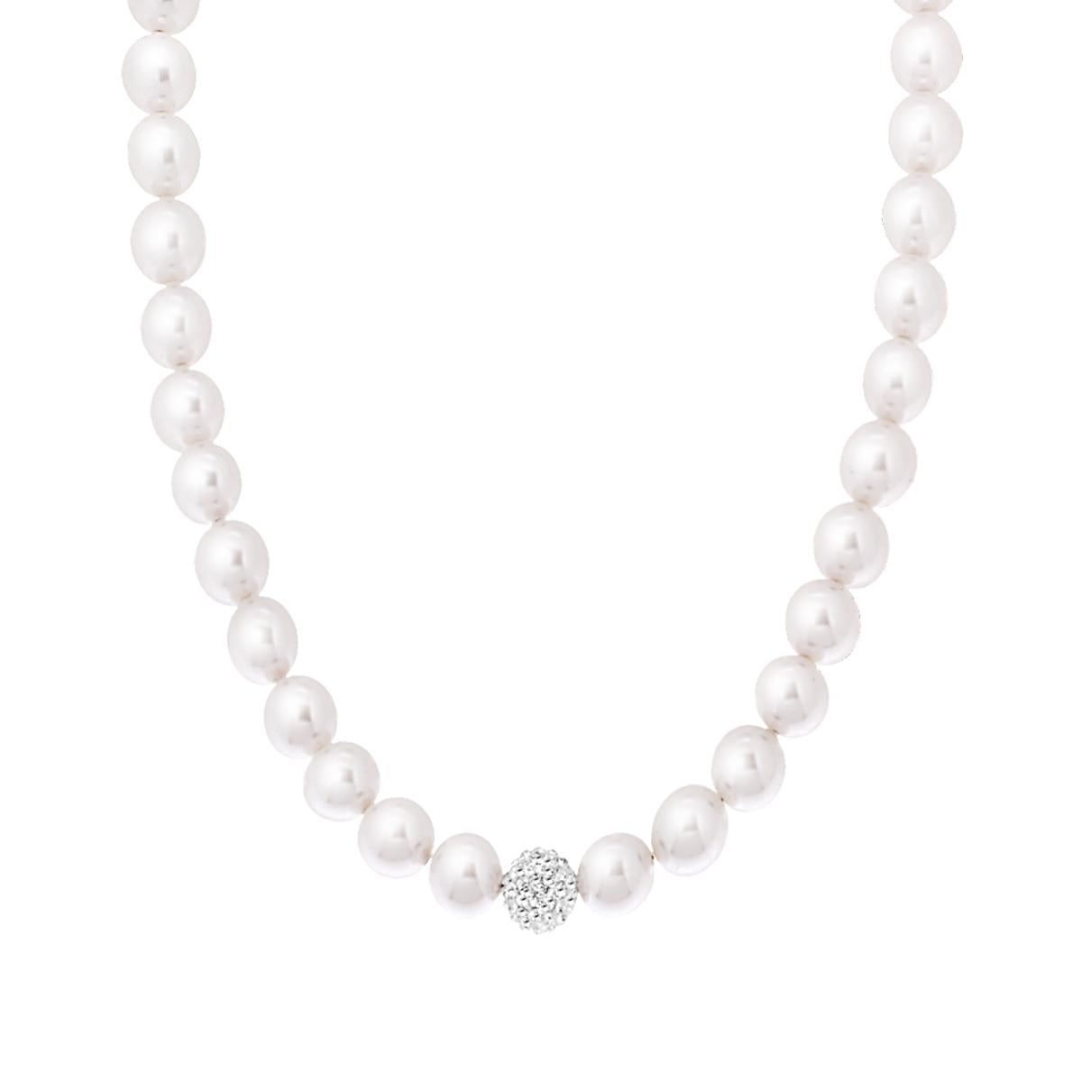 Collana Perla Bianca mm 8 in vetro perlato e Crystal centrale con filo e chiusura in ARGENTO 925 Galvanica Rodio