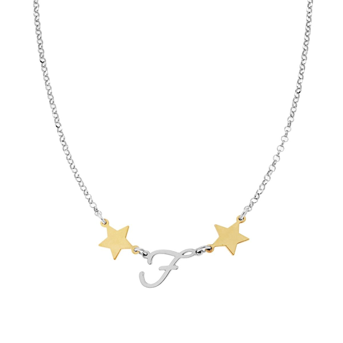 Collana Lettera Iniziale F con Stelle Galvanica Oro in ARGENTO 925 Galvanica Rodio