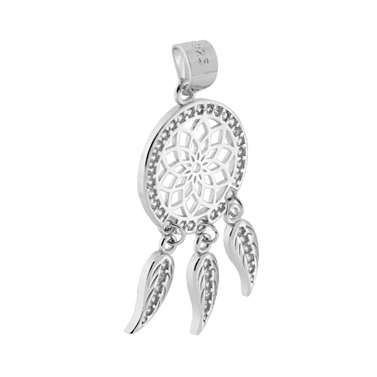 Ciondolo tondo a forma di Acchiappasogni con piume pendenti con zirconi bianchi incastonati.<BR>