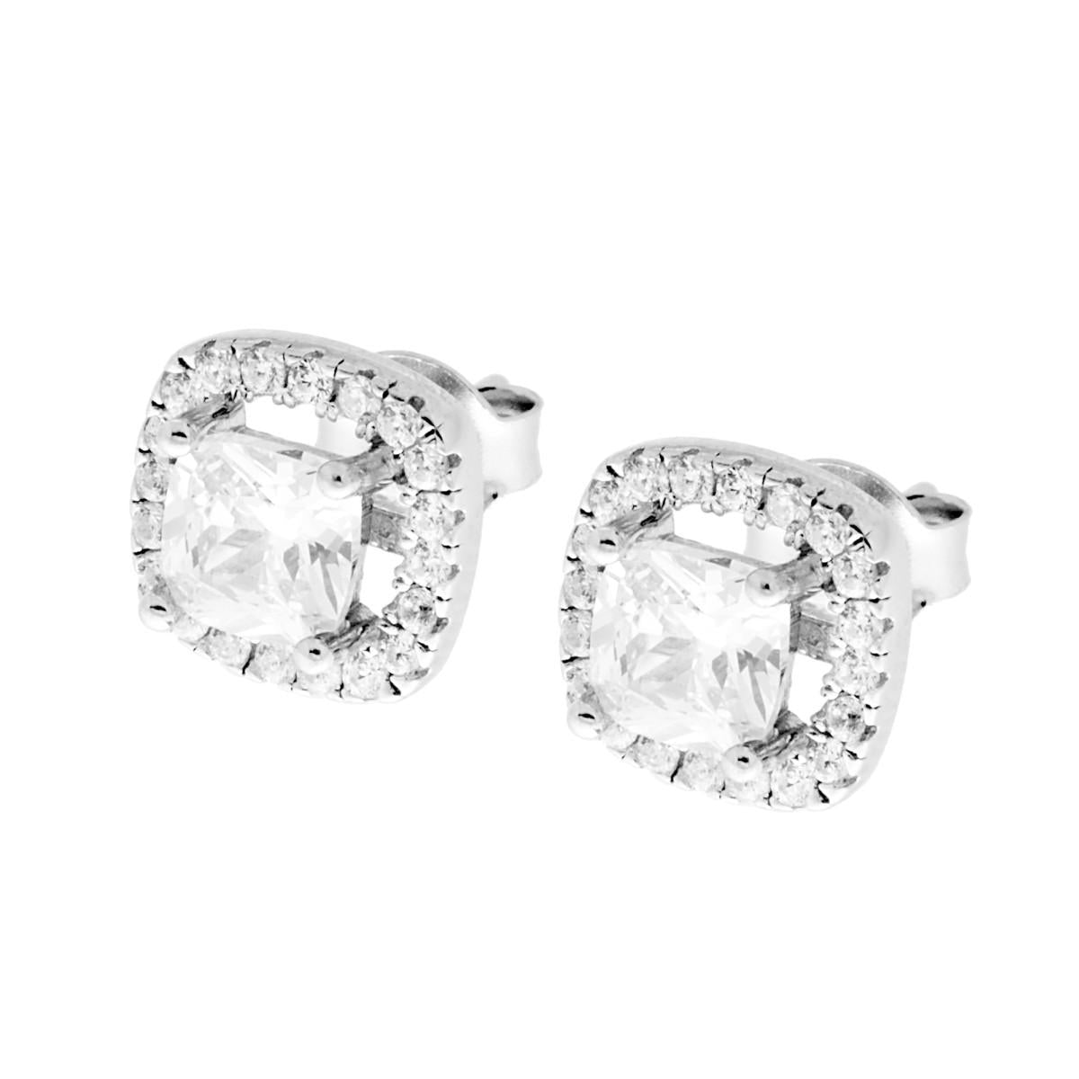 Orecchini Quadrati Zircone Bianco contornato da Zirconi Bianchi in ARGENTO 925 Galvanica Rodio