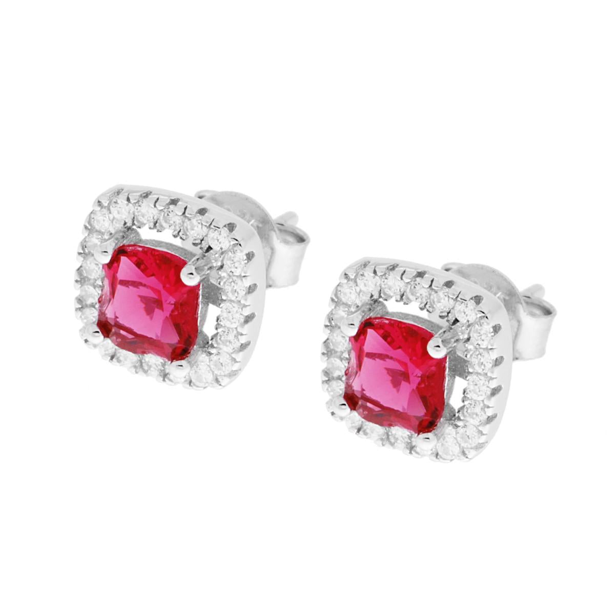 Orecchini Quadrati Zircone Rosso Rubino contornato da Zirconi Bianchi in ARGENTO 925 Galvanica Rodio