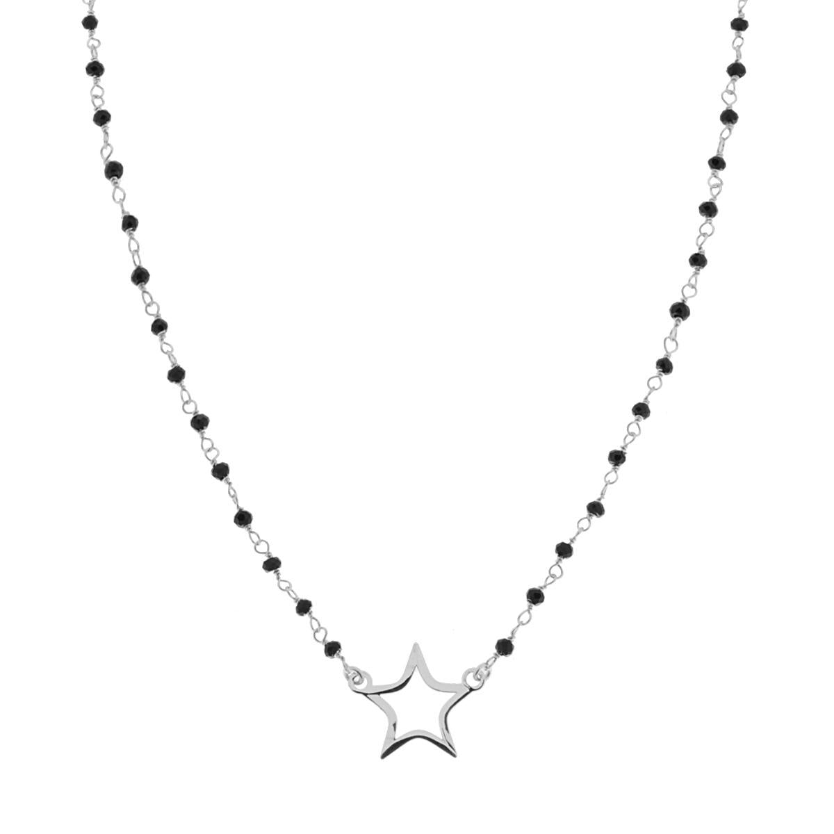 Collana con Grani Crystal Neri e Stella in ARGENTO 925 Galvanica Rodio