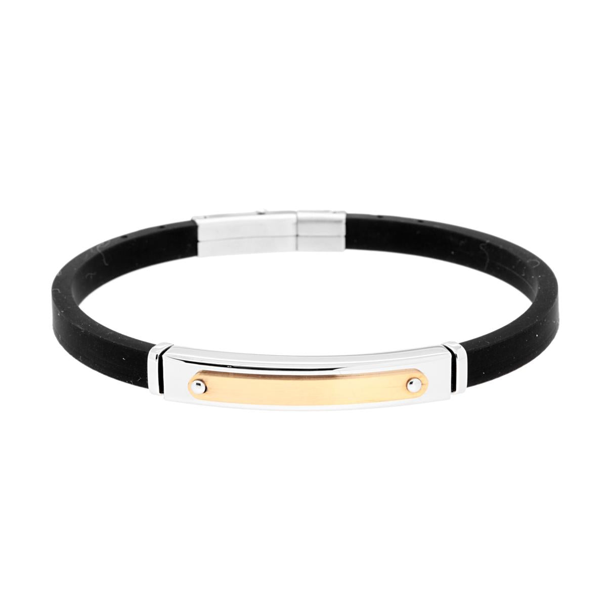 Bracciale in PVC Caucciu Nero con Accessorio Targa dettaglio Rosa in ACCIAIO