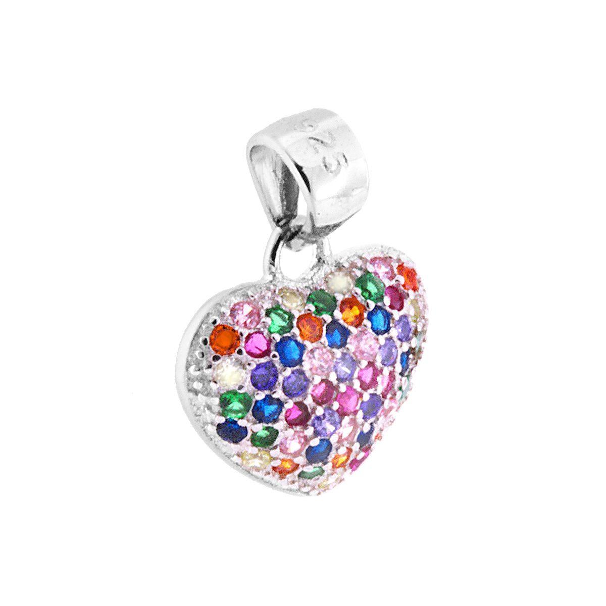 Ciondolo a forma di cuore bombato con Zirconi Rainbow Multicolor incastonati.<BR>