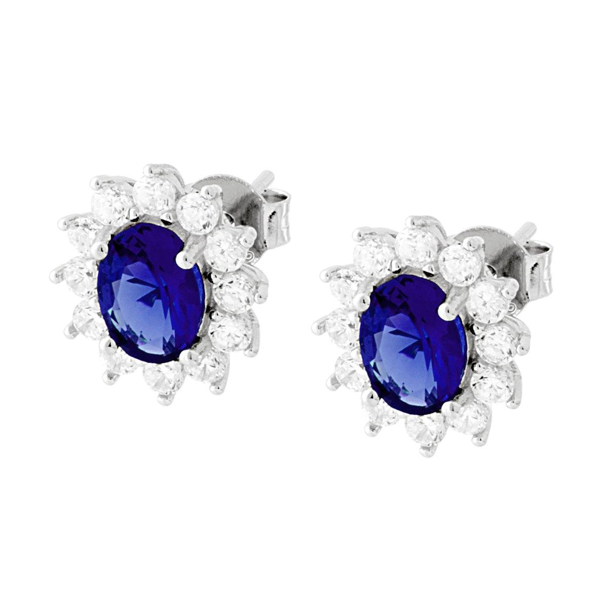 Orecchini Ovale Zircone Blu Zaffiro contornato da Zirconi Bianchi in ARGENTO 925 Galvanica Rodio