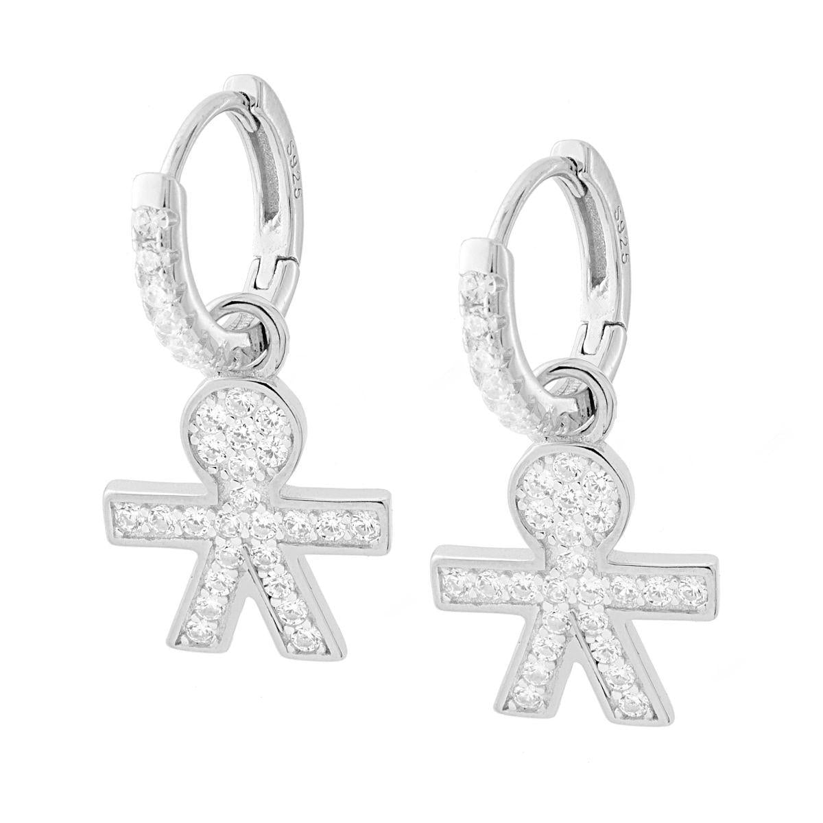 Orecchini Cerchio mm 13 con Bimbo pendente con Zirconi Bianchi in ARGENTO 925 Galvanica Rodio