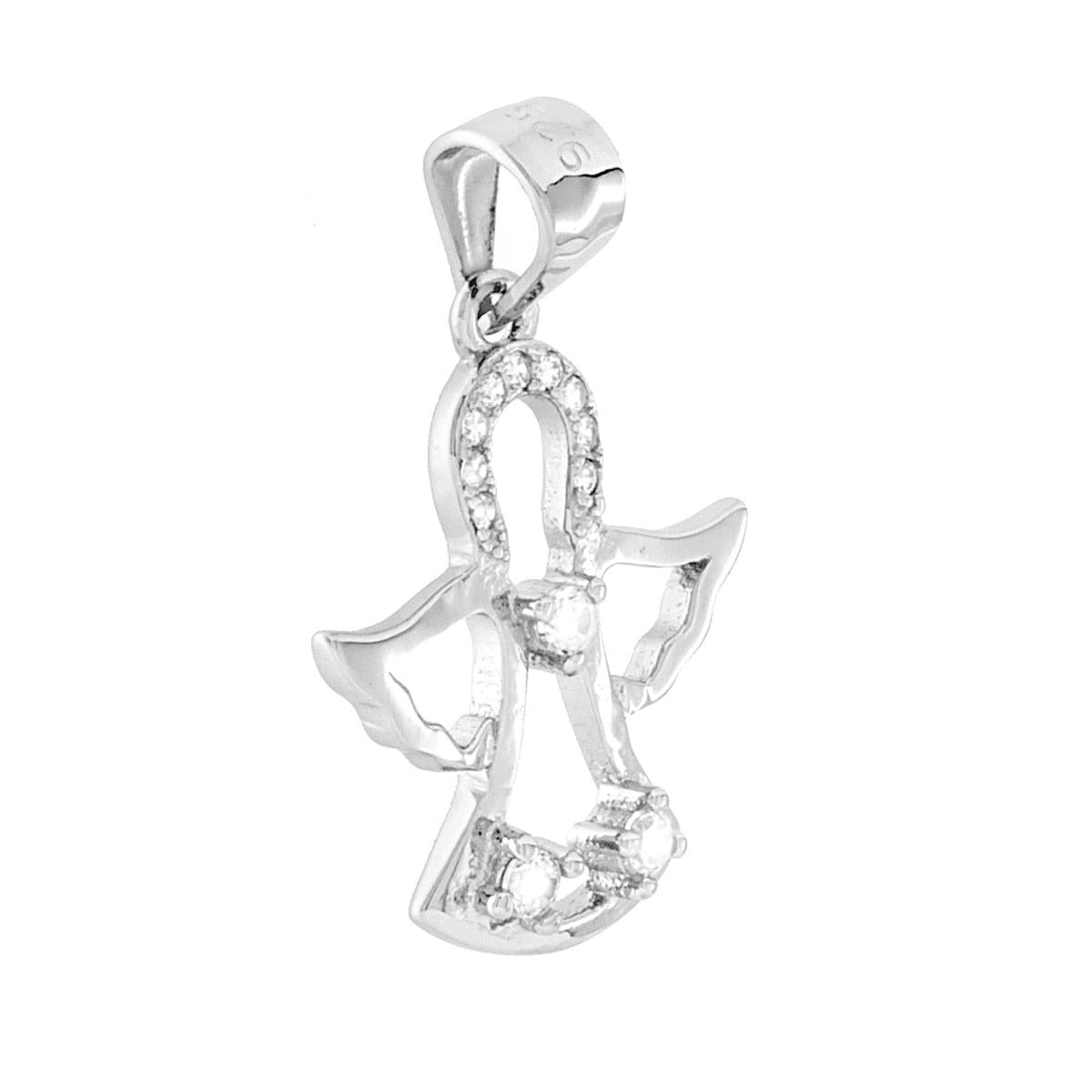 Ciondolo a forma di angelo con finitura lucida e zirconi bianchi incastonati.