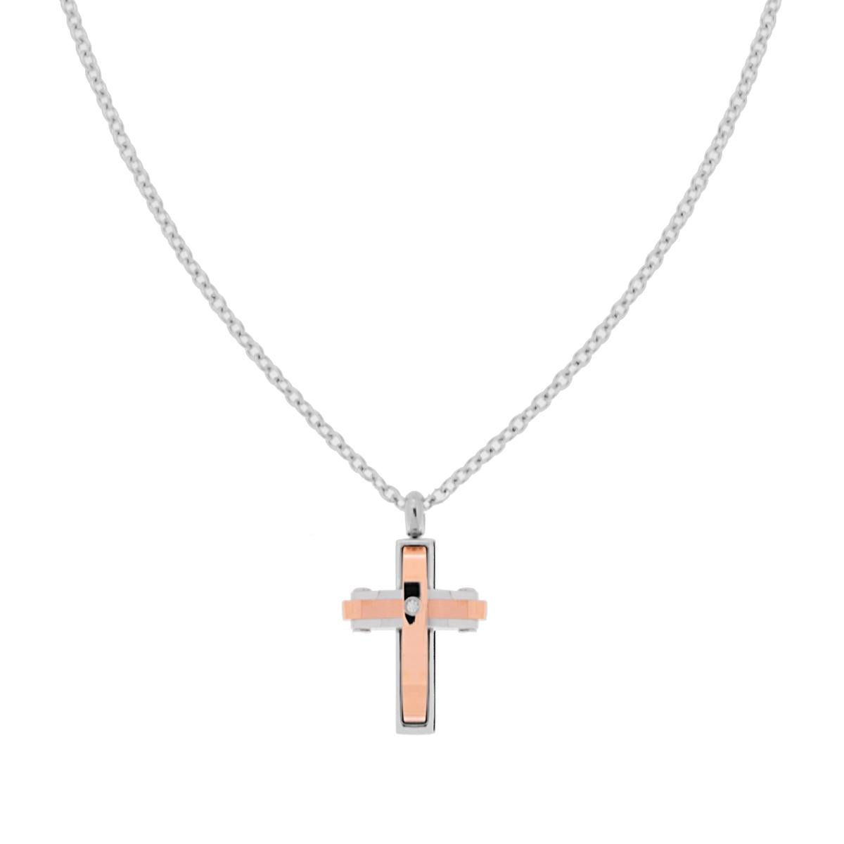 Collana Catena Forzatina con Croce Rosa e Crystal Bianco in ACCIAIO