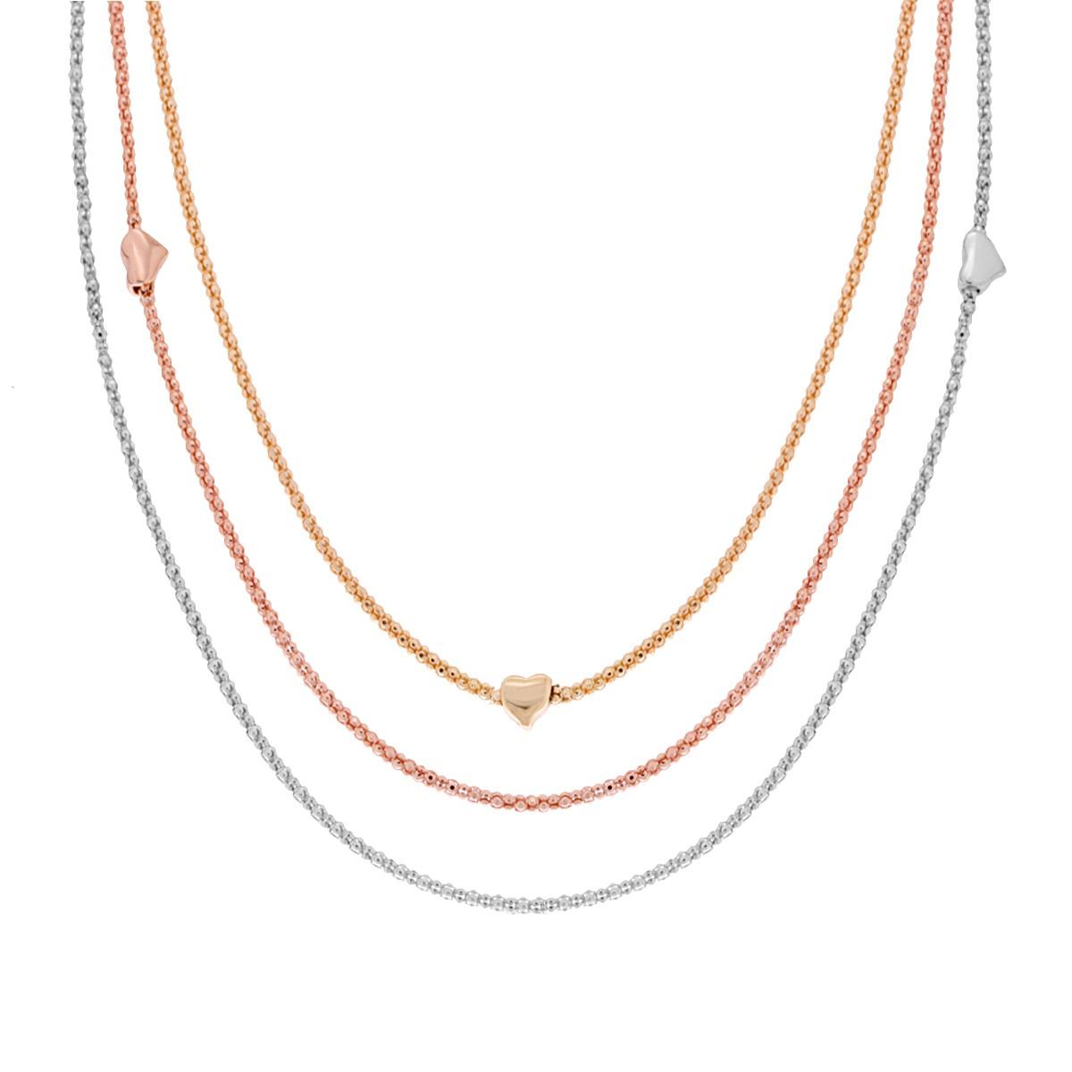 Collana tre fili Catena Coreana Diamantata con Cuori lisci in ARGENTO 925 Galvanica Oro Rodio e Rosa