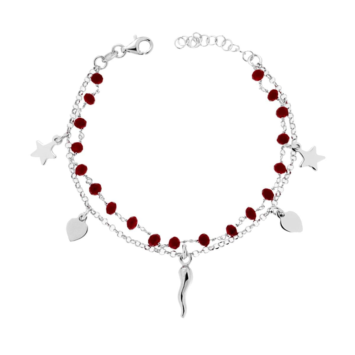 Bracciale due fili Catena Crystal Rosso e Catena Rolo Diamantata con Cuore Corno portafortuna e Stelle plain pendenti in ARGENTO 925 Galvanica Rodio