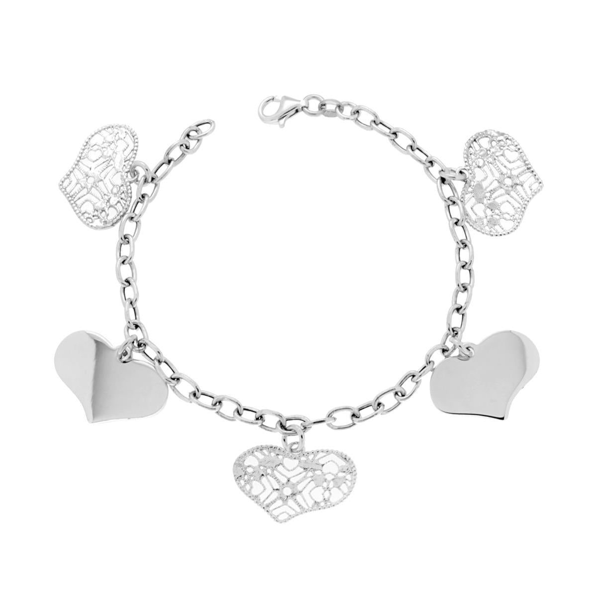 Bracciale Catena Forzatina con Cuori alternati plain e effetto Filigrana Pendenti in ARGENTO 925 Galvanica Rodio