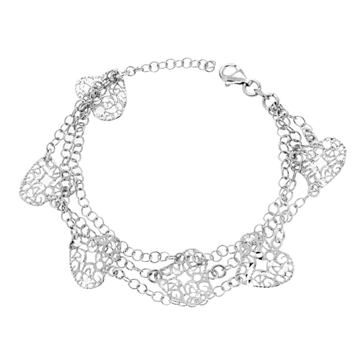 Bracciale tre fili Catena Rolo con Cuori effetto Filigrana in ARGENTO 925 Galvanica Rodio