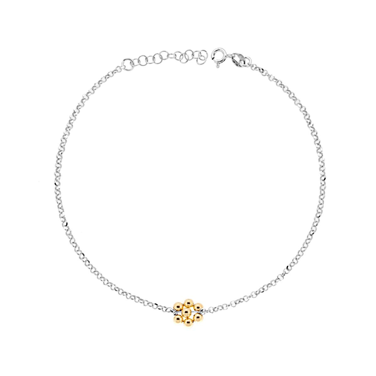 Cavigliera Catena Rolo Diamantata con Fiore di Palline Galvanica Oro in ARGENTO 925 Galvanica Rodio