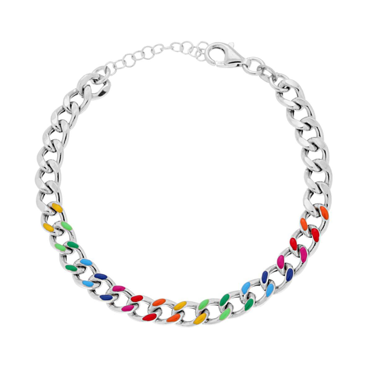 Bracciale Catena Grumetta con Smalto Multicolor Rainbow in ARGENTO 925 Galvanica Rodio