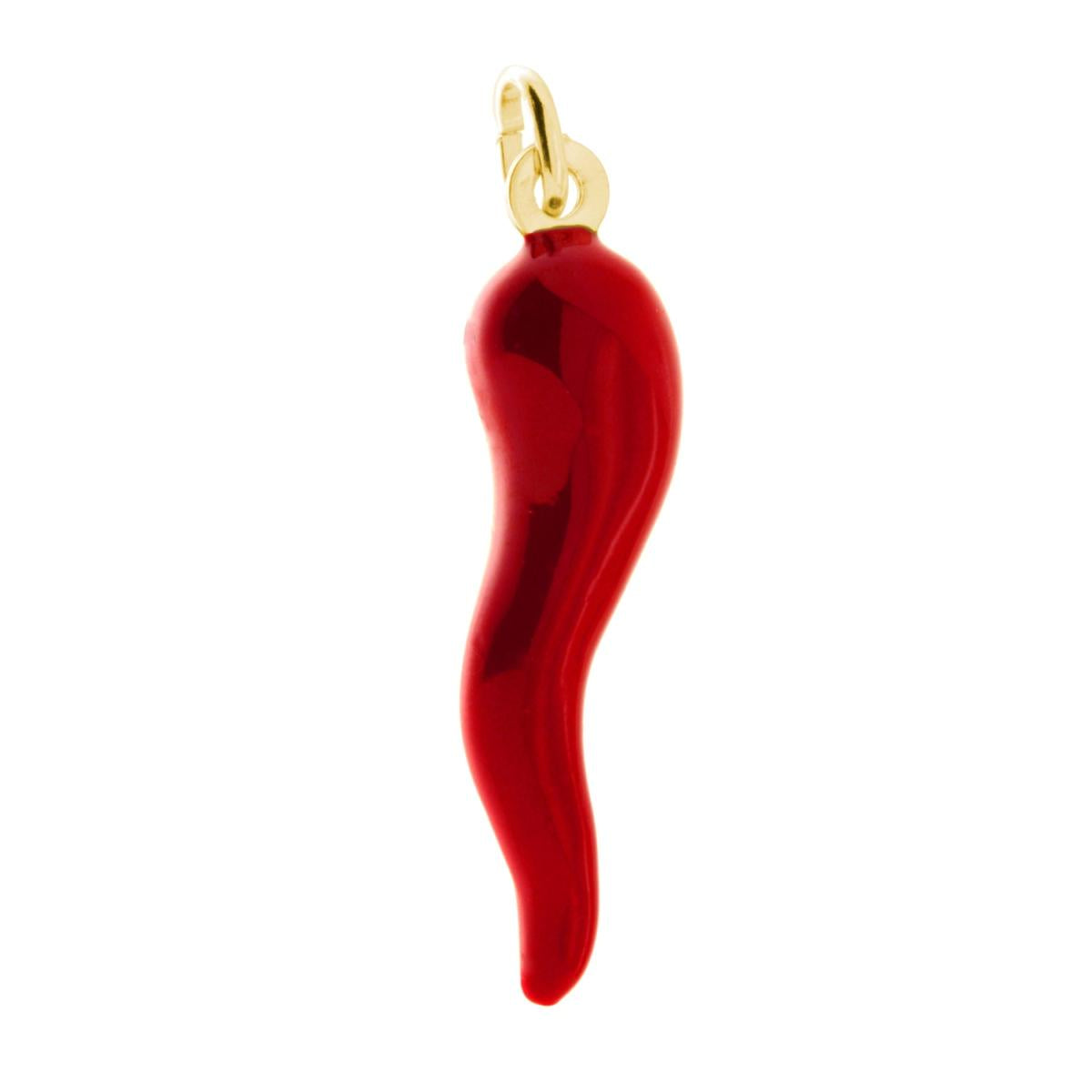 Ciondolo a forma di Cornetto portafortuna in Argento con applicazione smalto colore Rosso.<BR>Made in Italy