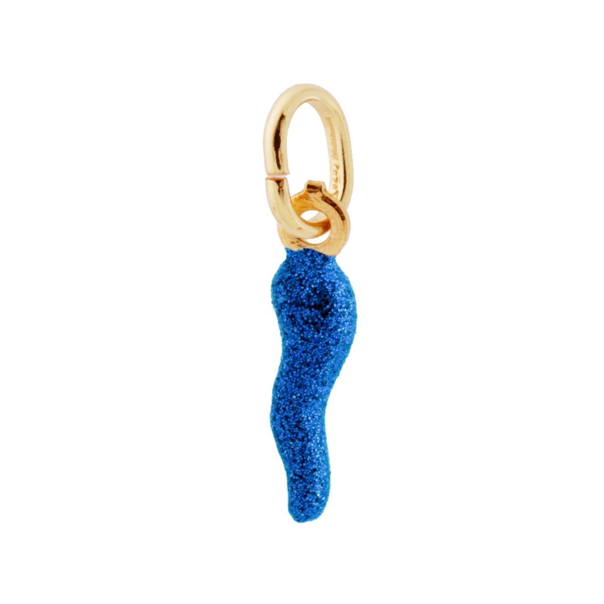 Ciondolo a forma di corno portafortuna con applicazione smalto colore blu con superficie glitterata.<BR>Made in Italy<BR>