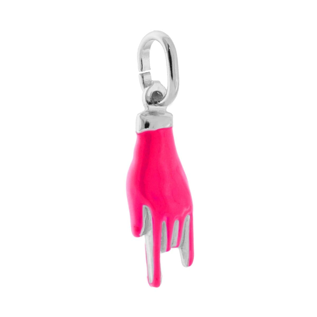 Ciondolo a forma di mano a corna con applicazione smalto colore rosa shock fluo con finitura liscia e lucida.<BR>Made in Italy