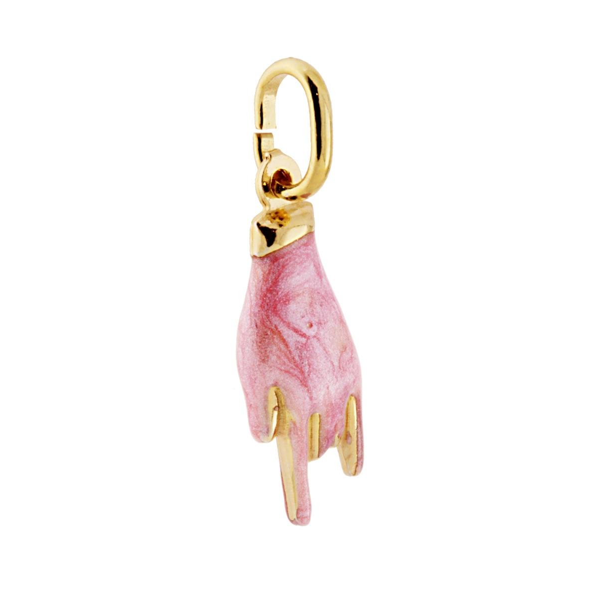 Ciondolo a forma di mano a corna con applicazione smalto colore Rosa Cipria perlato e brillante.<BR>Made in Italy
