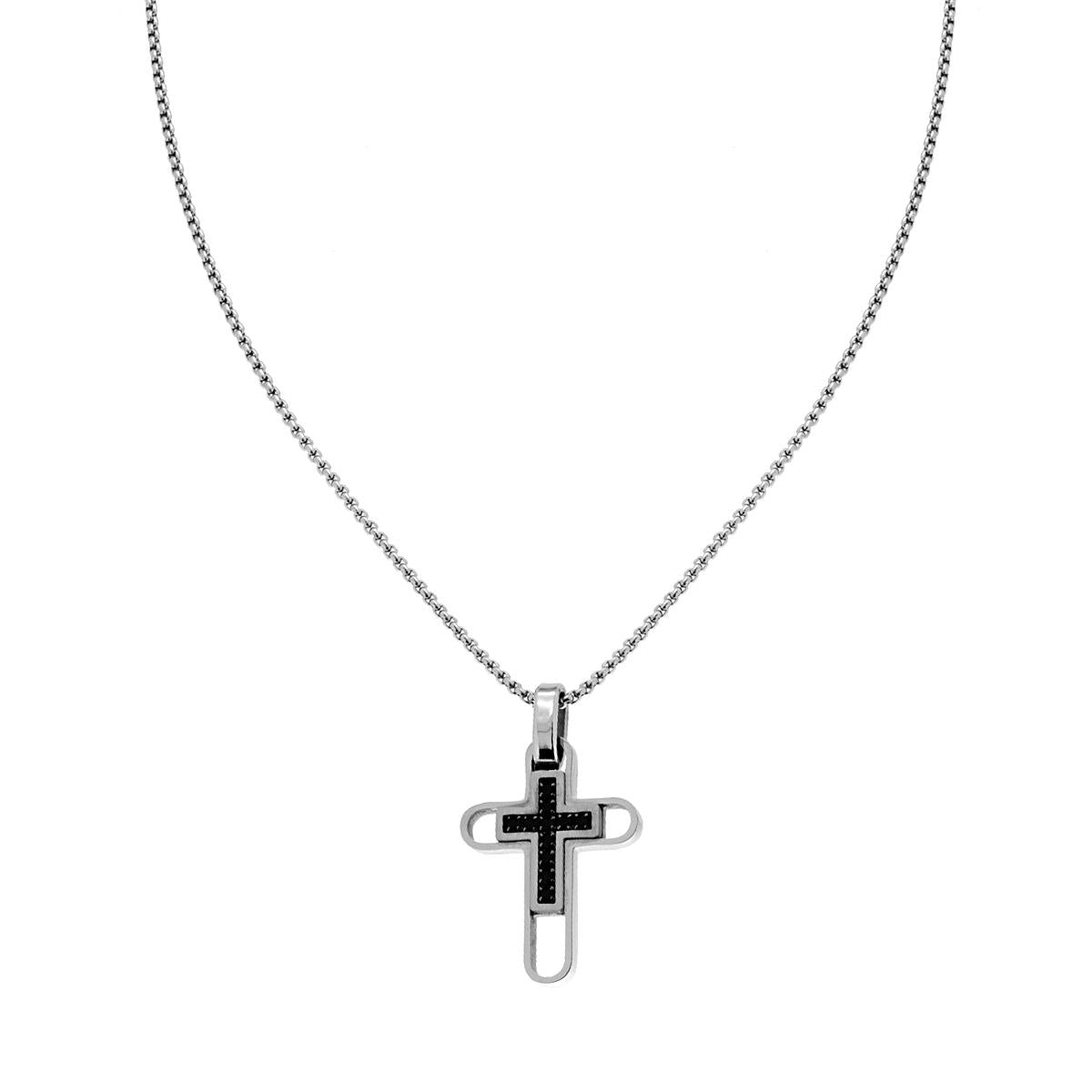 Collana Catena Veneziana Tonda con Doppia Croce e Crystal Neri in ACCIAIO