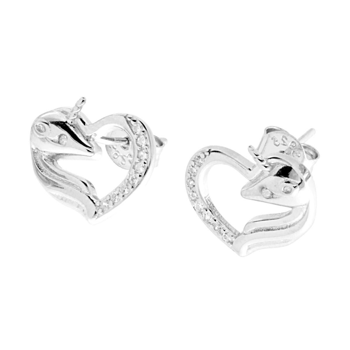 Orecchini Cuore e Unicorno con Zirconi Bianchi in ARGENTO 925 Galvanica Rodio