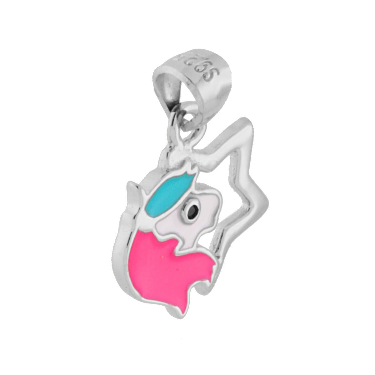 Ciondolo a forma di stella con testa di unicorno con applicazione smalto bianco e rosa.<BR>