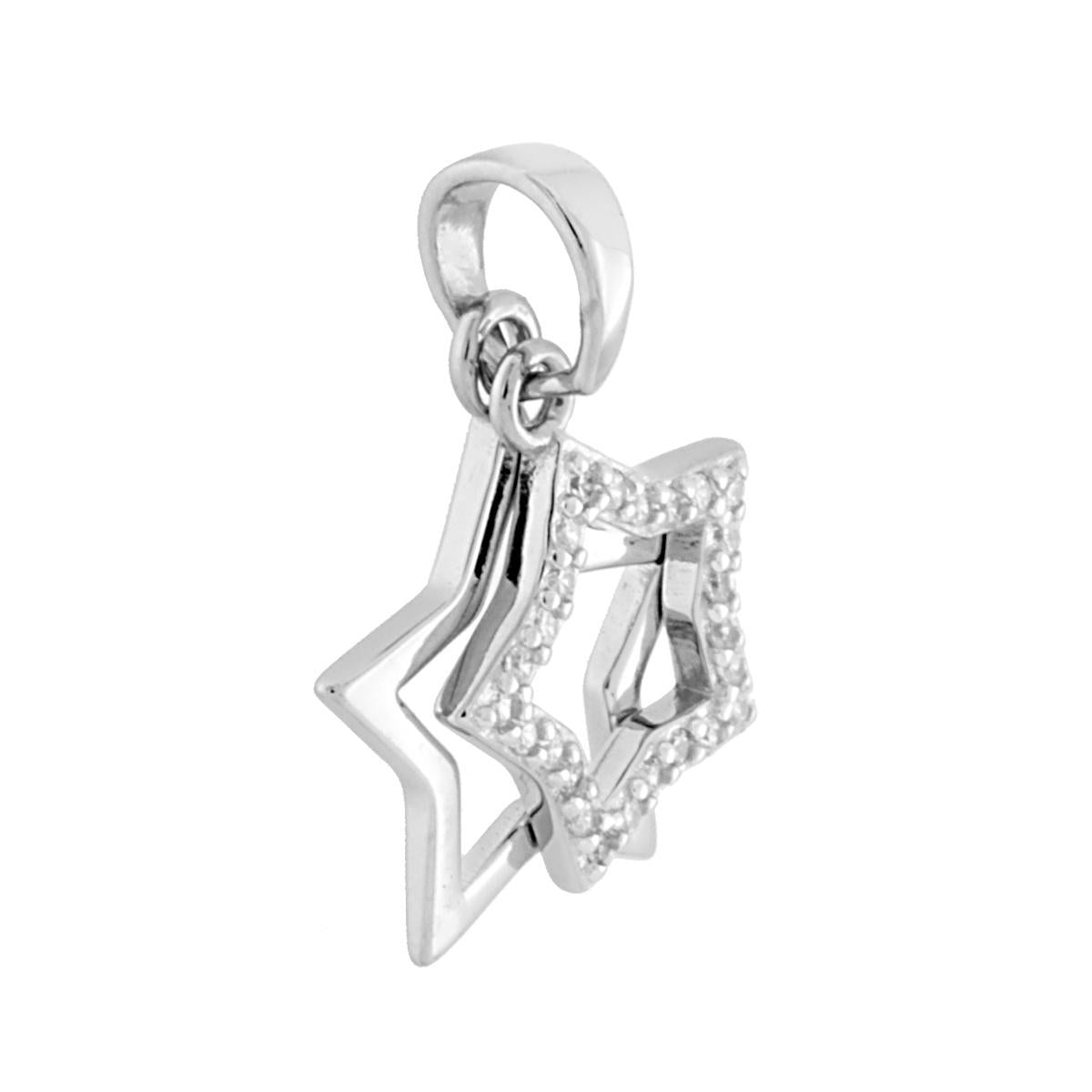 Ciondolo con doppia stella pendente con finitura lucida e con zirconi bianchi incastonati.