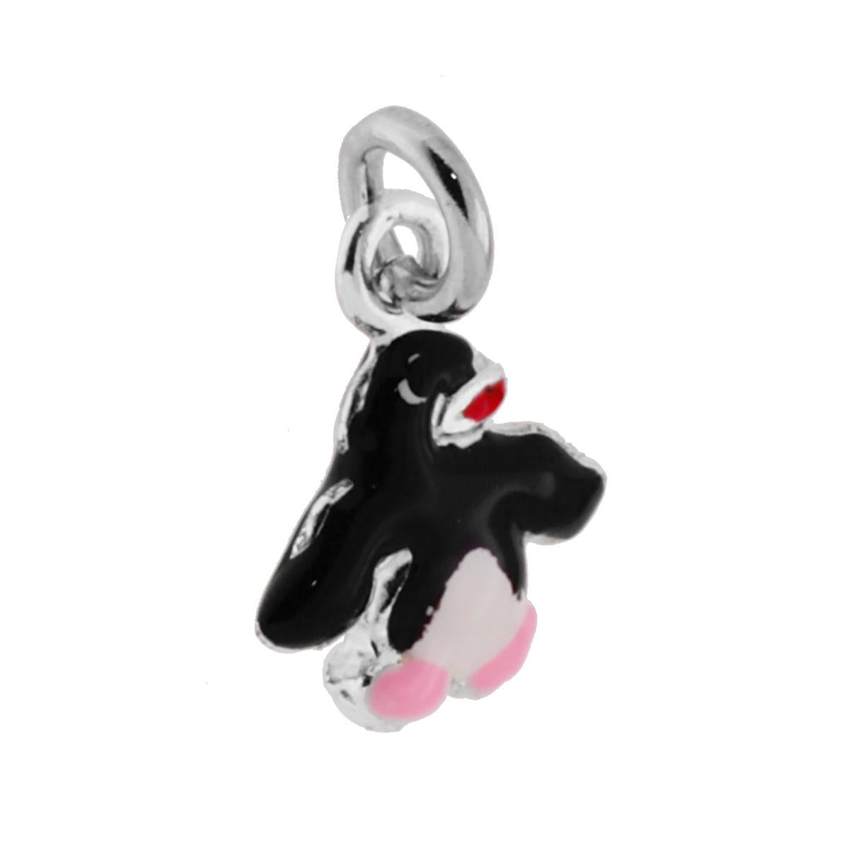 Ciondolo a forma di pinguino con smalto nero e rosa applicato.<BR>