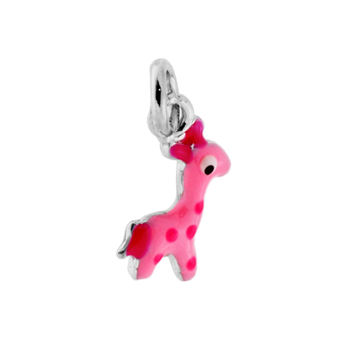 Ciondolo a forma di giraffa con applicazione smalto colore rosa.