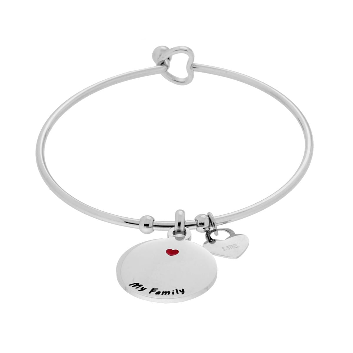 Bracciale Rigido con Charms Pendenti Tondo con scritta My Family e Cuore Smalto Rosso in ACCIAIO