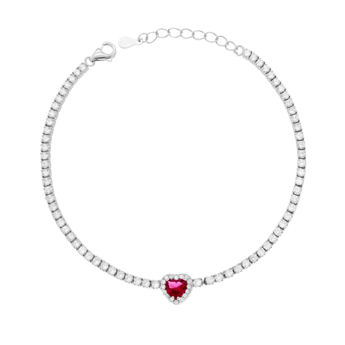 Bracciale Tennis Griffe cm 17+3 con Zirconi mm 2 Cuore centrale Rosso Rubino contornato da Zirconi Bianchi in ARGENTO 925 Galvanica Rodio