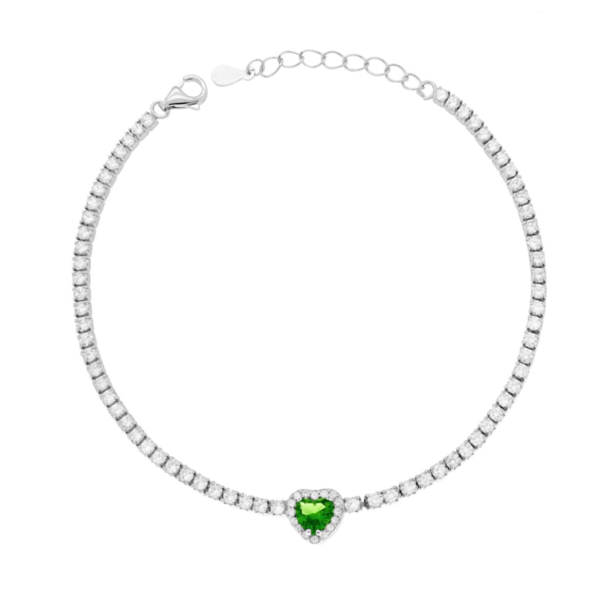 Bracciale Tennis Griffe cm 17+3 con Zirconi mm 2 Cuore centrale Verde Smeraldo contornato da Zirconi Bianchi in ARGENTO 925 Galvanica Rodio
