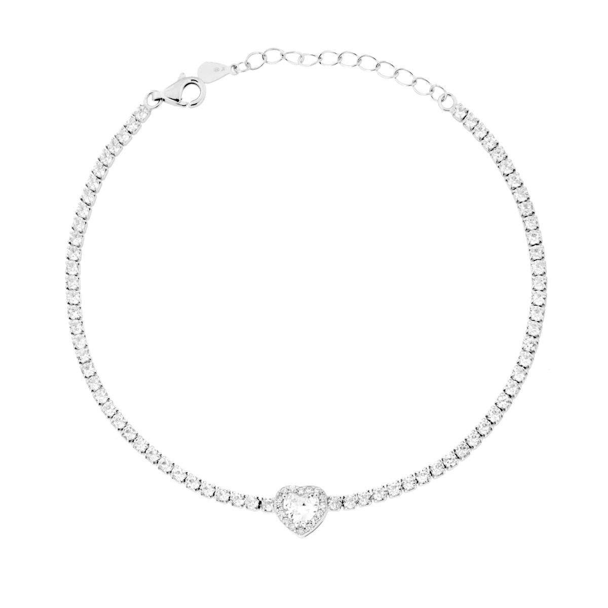 Bracciale Tennis Griffe cm 17+3 con Zirconi mm 2 Bianchi con Zircone Cuore centrale Bianco contornato da Zirconi Bianchi in ARGENTO 925 Galvanica Rodio