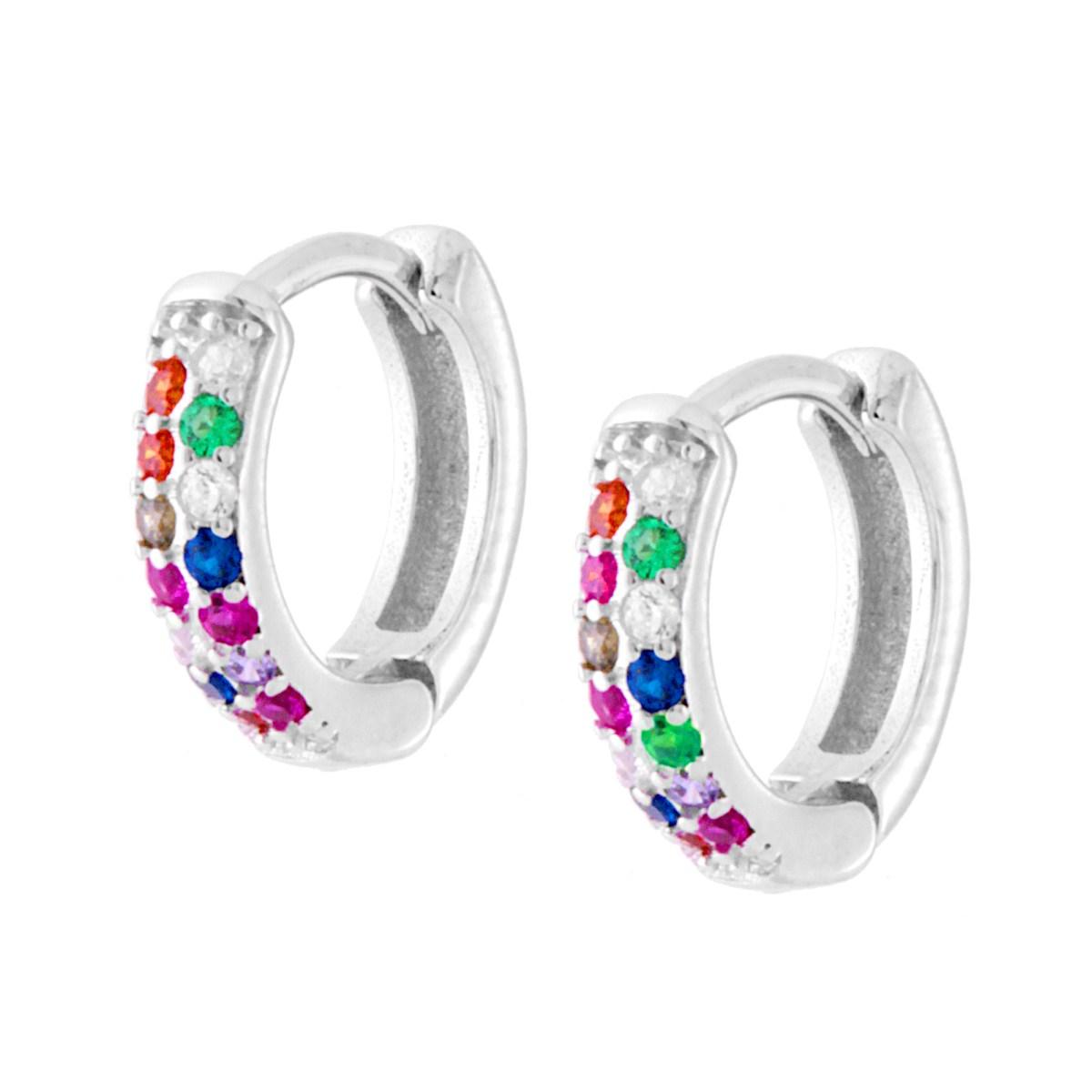 Orecchini Cerchio a Scattino mm 12 con Zirconi Multicolor Rainbow in ARGENTO 925 Galvanica Rodio