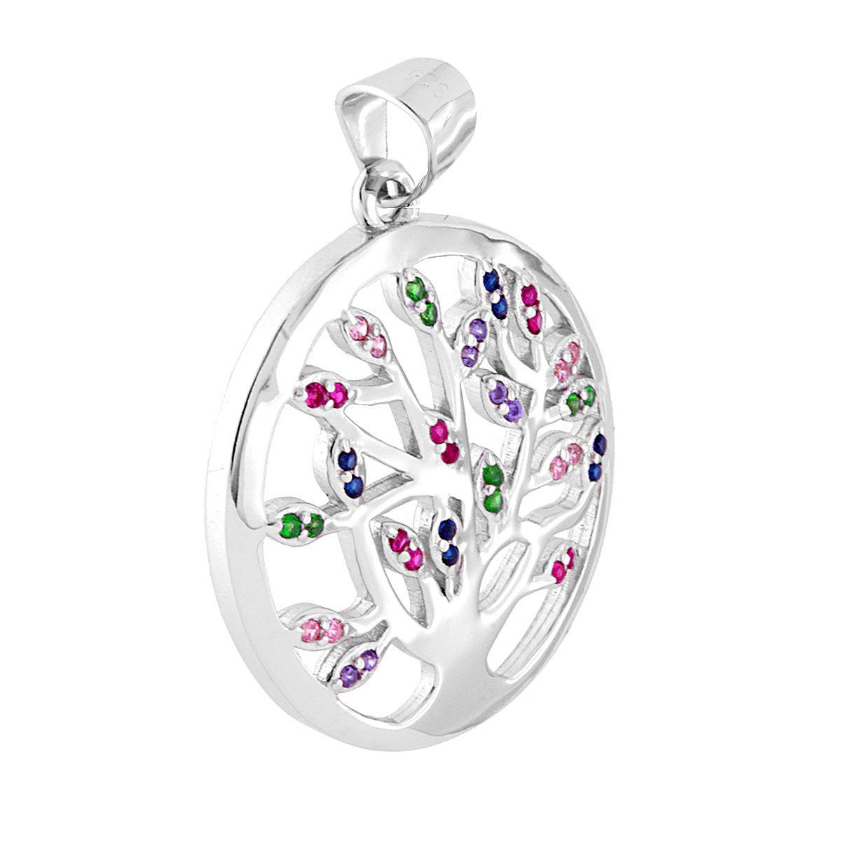 Ciondolo a forma di Albero della Vita con finitura lucida e con zirconi multicolor incastonati.